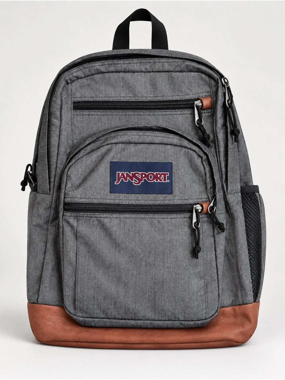 JanSport Cool Student Gray Herringbone Brown Faux Leather Laptop Backpack